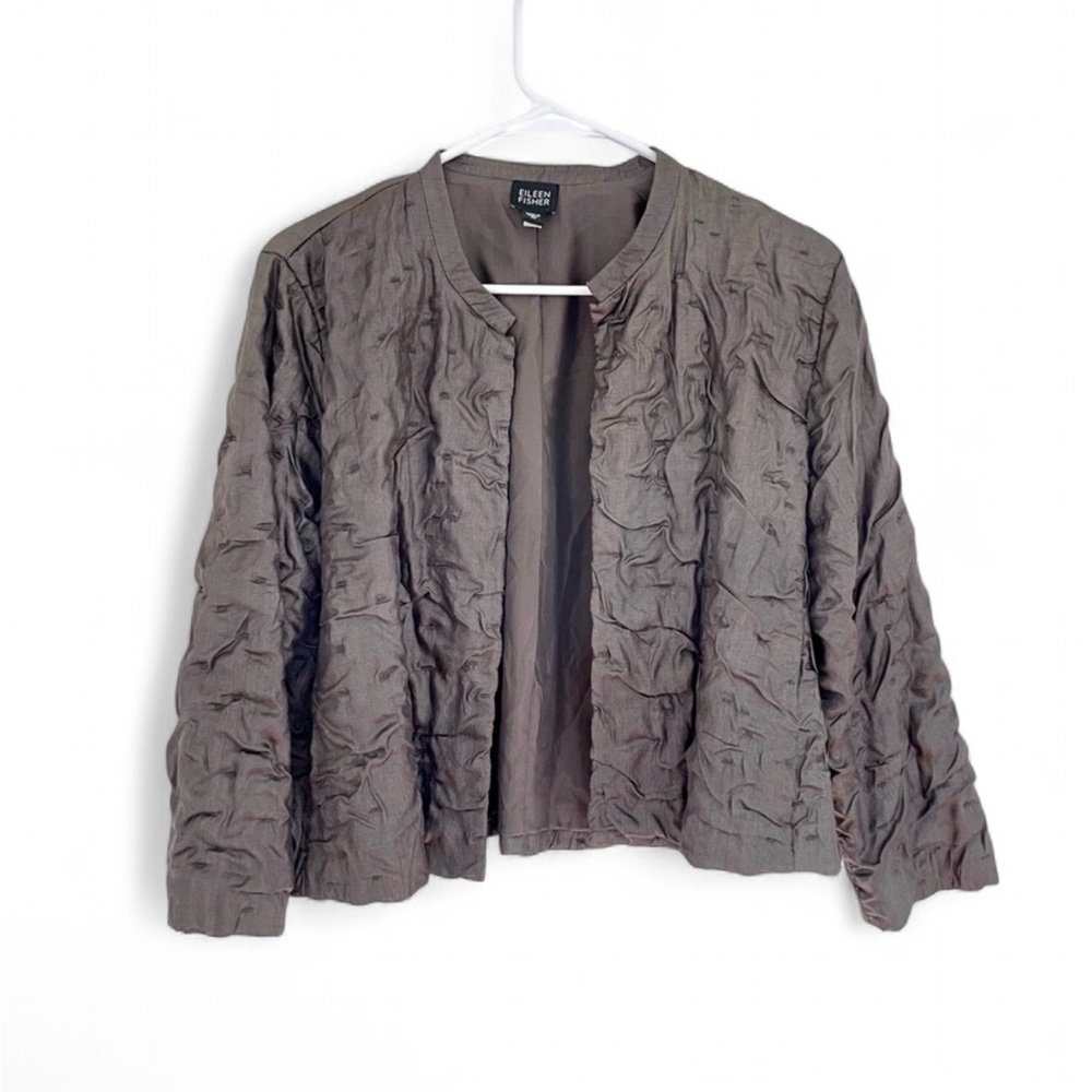 Eileen Fisher Blazer Women's Medium Brown Crinkle Silk Open Front Capsule Preppy